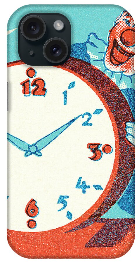 Alarm Clock iPhone Case featuring the drawing Clown Standing Behind Clock by CSA Images