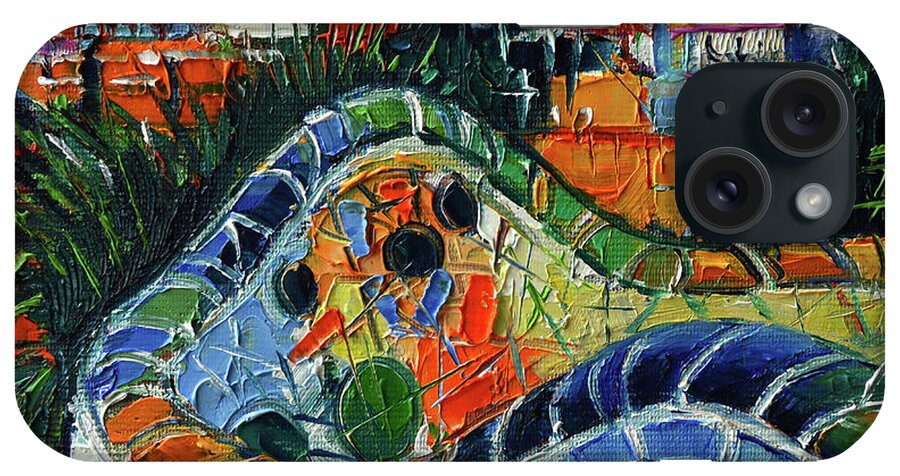 Park Guell iPhone Case featuring the painting COLORFUL MOSAIC PARK GUELL BARCELONA impasto palette knife stylized cityscape by Mona Edulesco