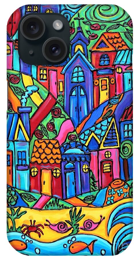 Colorful iPhone Case featuring the painting Colorful Whimsy Town by Cynthia Snyder