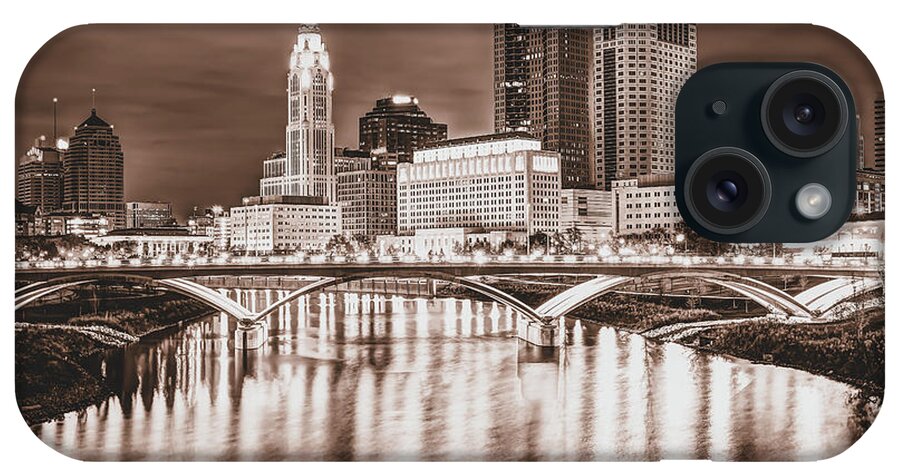 America iPhone Case featuring the photograph Columbus Ohio Skyline Over The Scioto River - Sepia Edition by Gregory Ballos