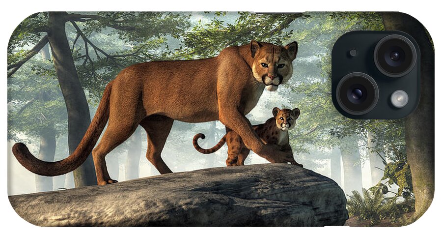 Cougar And Cub iPhone Case featuring the digital art Cougar and Cub by Daniel Eskridge