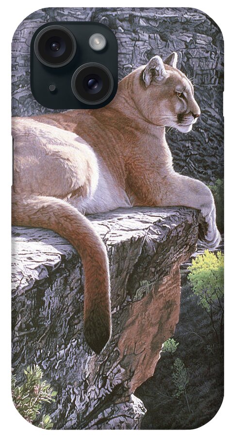 Cougar Lying On A Ledge Over Looking The Valley iPhone Case featuring the painting Cougar Country by Ron Parker