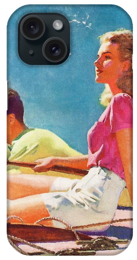 Couple iPhone Case featuring the drawing Couple On Sailboat by Mcclelland Barclay