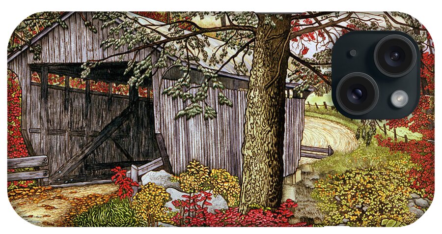 Covered Bridge With Flowers And Trees By It iPhone Case featuring the painting Covered Bridge At Waterville by Thelma Winter