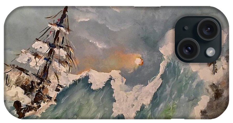 Crashing Waves Thunderstorm Ocean Water Sea Wave Ship Clouds Cloudy Acrylic Painting Blue Sunset Evening Seascape iPhone Case featuring the painting Crashing Waves by Miroslaw Chelchowski