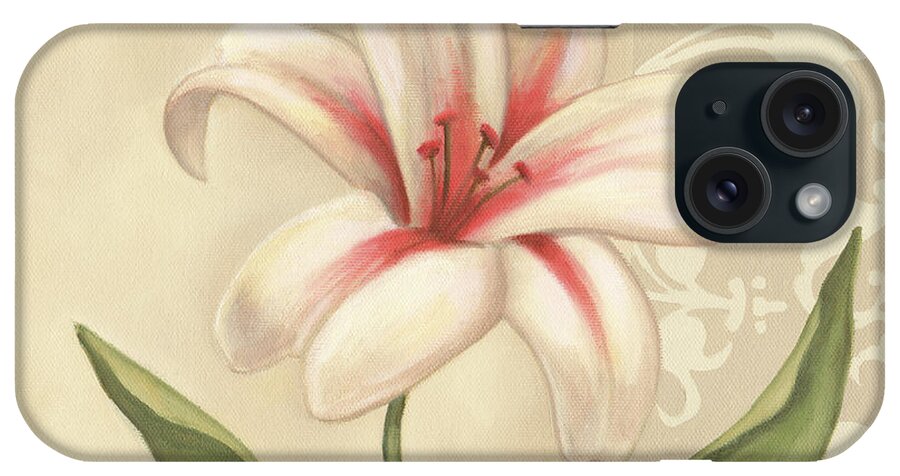 A Single Lily On A Cream Scroll Background. iPhone Case featuring the painting Cream Lily by Debra Lake
