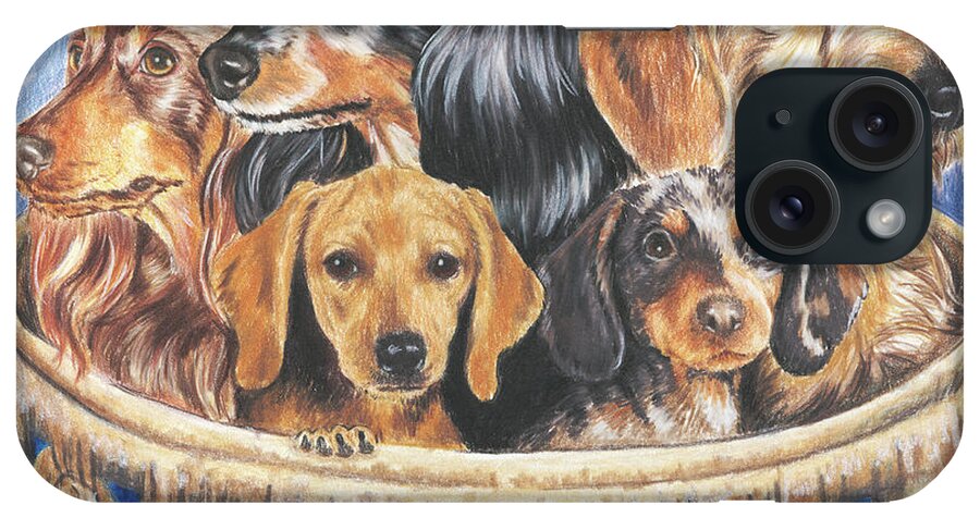 Five Dachsunds In A Basket. Dog iPhone Case featuring the painting Dachsund In A Basket by Barbara Keith