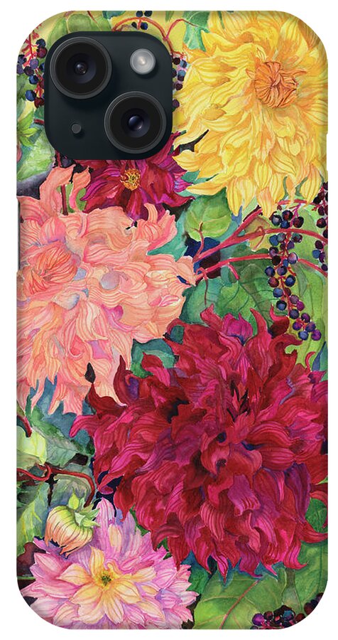 Multi Colored Dahlias And Wild Berries iPhone Case featuring the painting Dahlias And Wild Berries by Joanne Porter