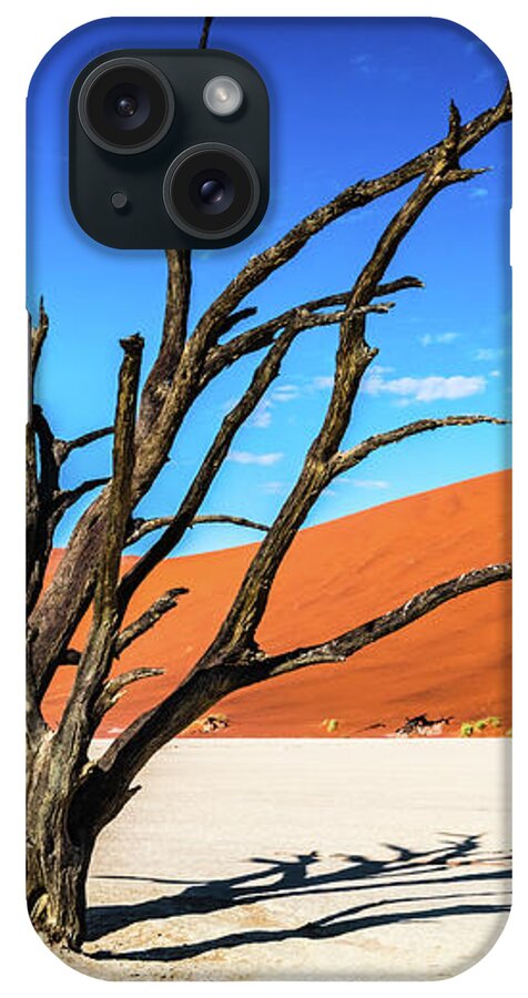Deadvlei iPhone Case featuring the photograph Dead tree in Deadvlei, Namibia by Lyl Dil Creations