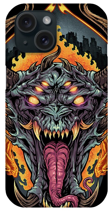Demon Face And Fire Skulls iPhone Case featuring the digital art Demon Face And Fire Skulls by Flyland Designs