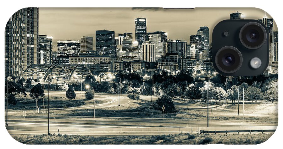 Denver Skyline iPhone Case featuring the photograph Denver Colorado Skyline at Dawn in Sepia Monochrome by Gregory Ballos