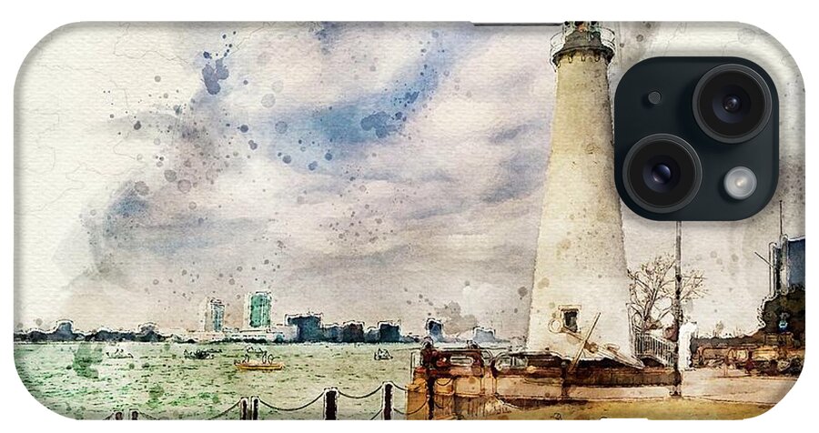 Detroit iPhone Case featuring the photograph Detroit river Light House and Geese DSC_0096 Watercolored by Michael Thomas