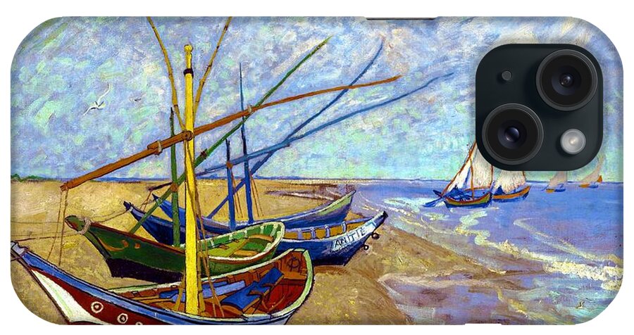 Vincent Willem Van Gogh iPhone Case featuring the painting Digital Remastered Edition - Fishing Boats on the Beach at Saintes-Maries by Vincent van Gogh