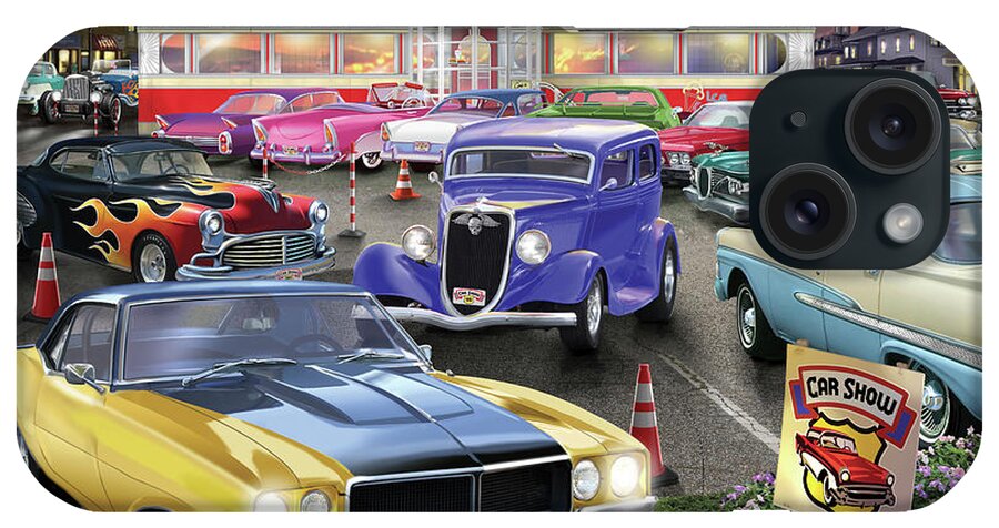 Diner Car Show iPhone Case featuring the painting Diner Car Show by Bigelow Illustrations- Exclusive