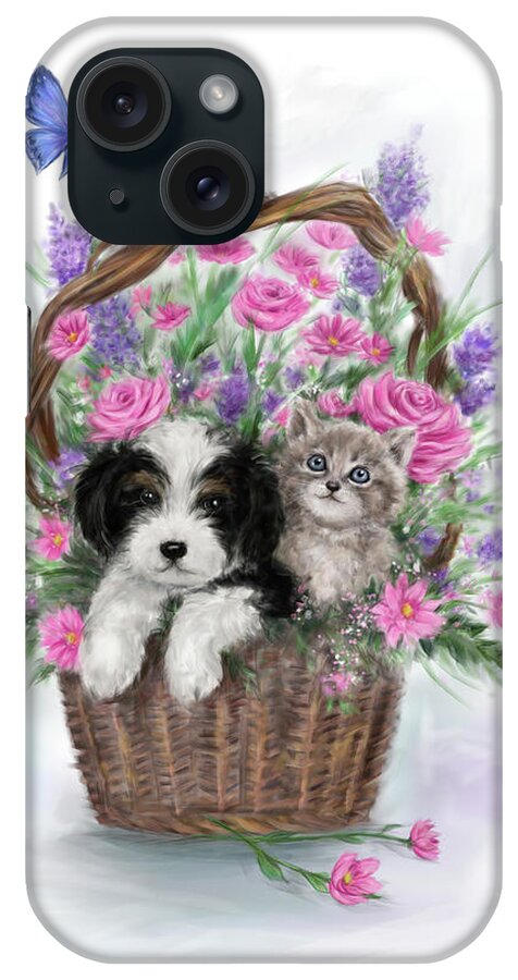 Dog And Cat In Flower Basket iPhone Case featuring the mixed media Dog And Cat In Flower Basket by Makiko