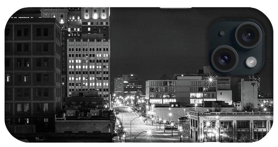America iPhone Case featuring the photograph Downtown Tulsa Oklahoma Night Cityscape and Mayo Hotel - Monochrome by Gregory Ballos