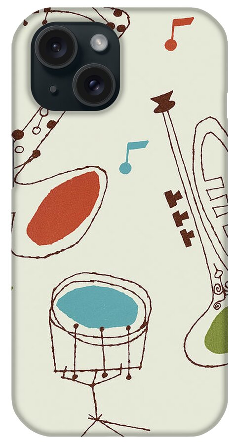 Band iPhone Case featuring the drawing Drum, Saxophone and Trumpet by CSA Images