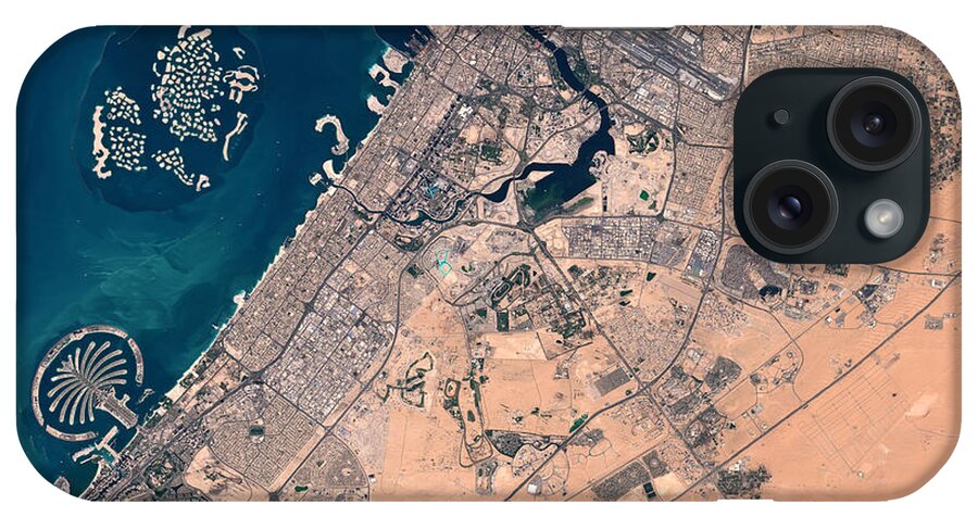 Satellite Image iPhone Case featuring the digital art Dubai from space by Christian Pauschert