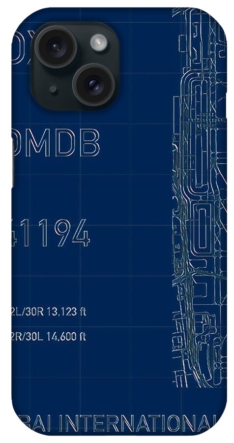Dxb iPhone Case featuring the digital art DXB Dubai Airport Blueprint by HELGE Art Gallery