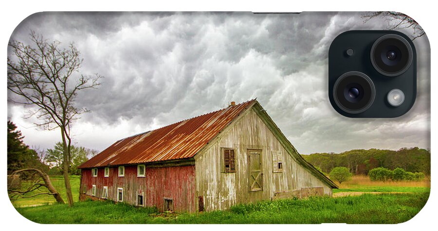 East Moriches Red Barn Storm Clouds Spring Green Grass Farm Field Stormy Rural Long Island New York iPhone Case featuring the photograph East Moriches Red Barn Storm by Robert Seifert