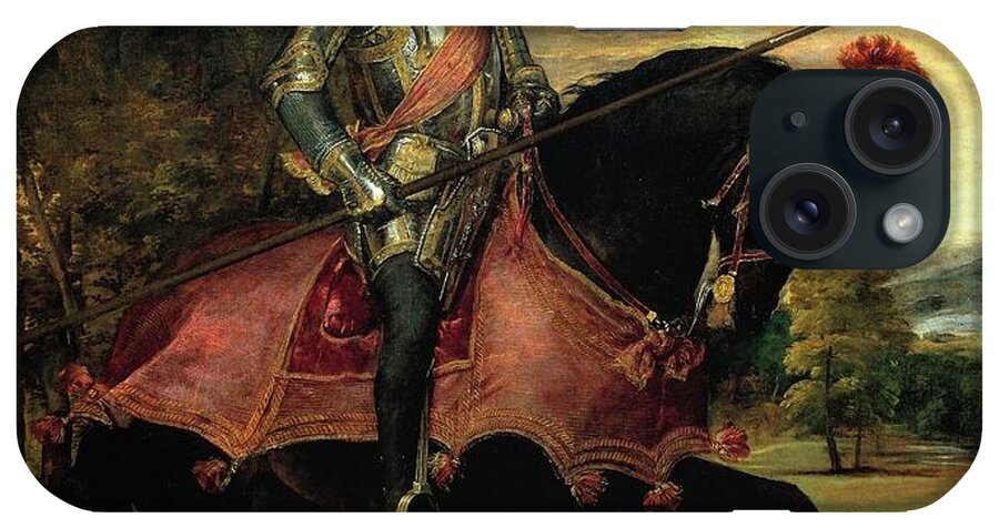 Emperor Carlos V On Horseback iPhone Case featuring the painting 'Emperor Carlos V on Horseback', 1548, Italian School, Oil on canv... by Titian -c 1485-1576-