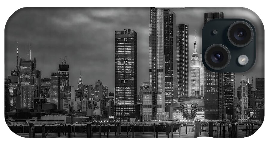 Nyc Skyline iPhone Case featuring the photograph ESB NYC Hudson Yards Skyline BW by Susan Candelario