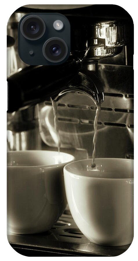 Spoon iPhone Case featuring the photograph Espresso Coffee Filtering Into Two Cups by Andrew Bret Wallis