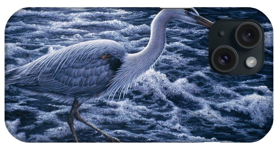 Great Blue Heron In Water By Moonlight iPhone Case featuring the painting Evening Blues by Jeff Tift