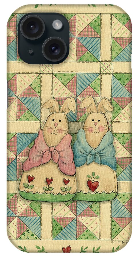 Fabric Bunnies With Quilted Background iPhone Case featuring the painting Fabric Bunnies With Quilt - A by Debbie Mcmaster