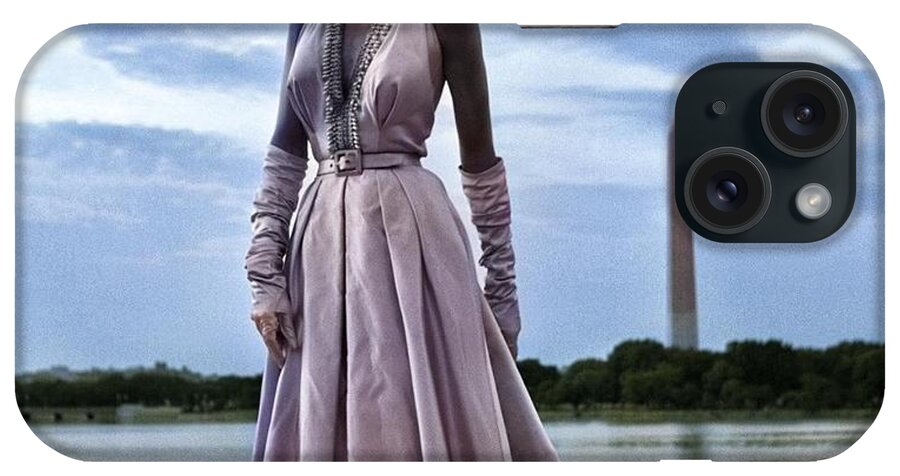 Colorized iPhone Case featuring the painting Fashion model posing in an evening gown on the steps of the Jefferson Memorial, Washington, District by Celestial Images