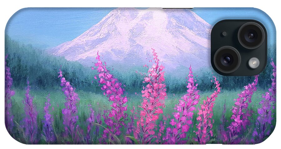 Mount Rainier iPhone Case featuring the painting Fireweed Phenomenon on Mount Rainier by Yoonhee Ko