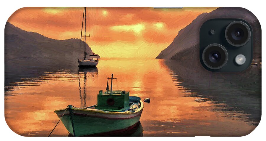 Fishing Boats iPhone Case featuring the painting Fishing Boats at Sunset Simi Greek Islands-DWP40406001 by Dean Wittle
