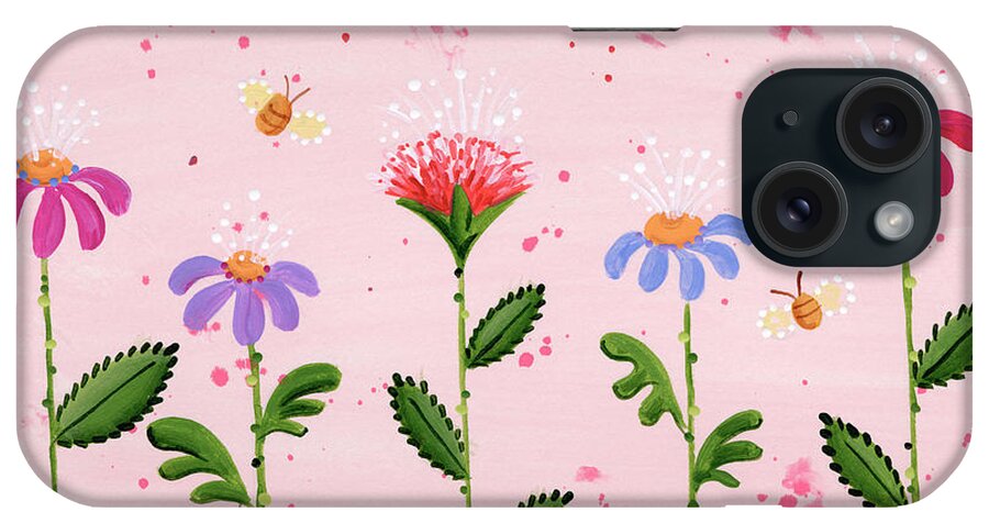 Five Vibrant Flowers With Bees Flying Around Them. iPhone Case featuring the painting Flowers by Beverly Johnston