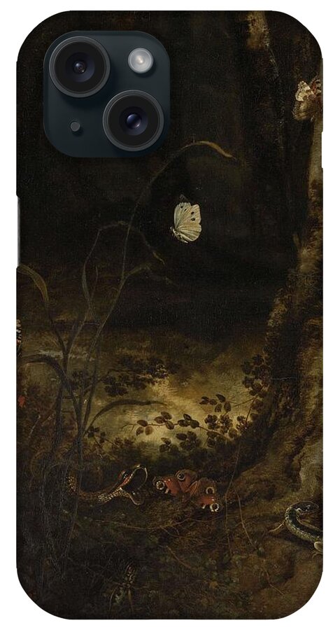Canvas iPhone Case featuring the painting Forest Floor with a Snake, Lizards, Butterflies and other Insects. by Otto Marseus van Schrieck