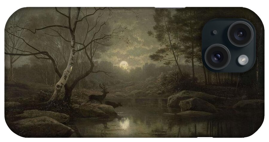 Canvas iPhone Case featuring the painting Forest Landscape in the Moonlight. by Georg Eduard Otto Saal -1818-1870-