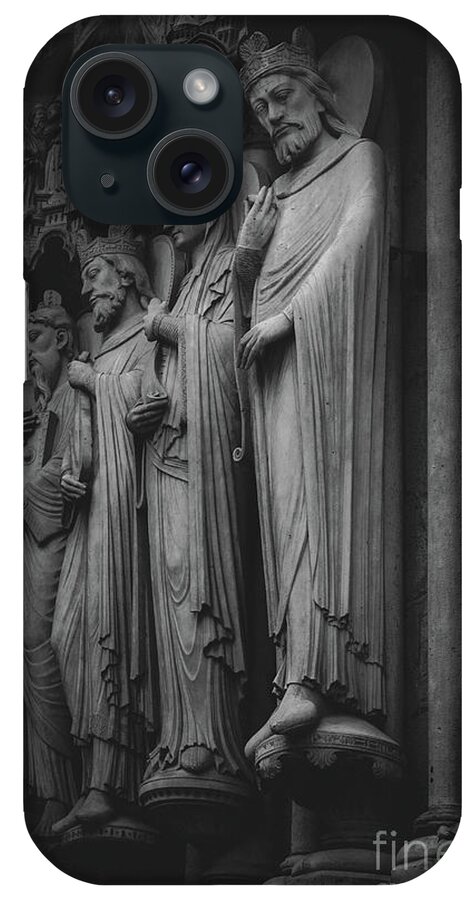 Black And White iPhone Case featuring the photograph Four Figure Sculptures on Notre Dame, Paris 2016 by Liesl Walsh
