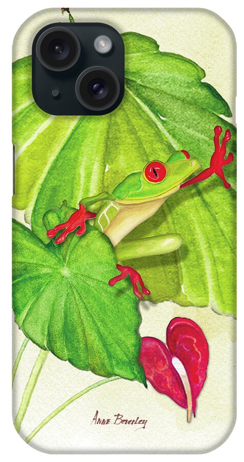 Frog iPhone Case featuring the painting Frog On Leaf by Anne Beverley-Stamps