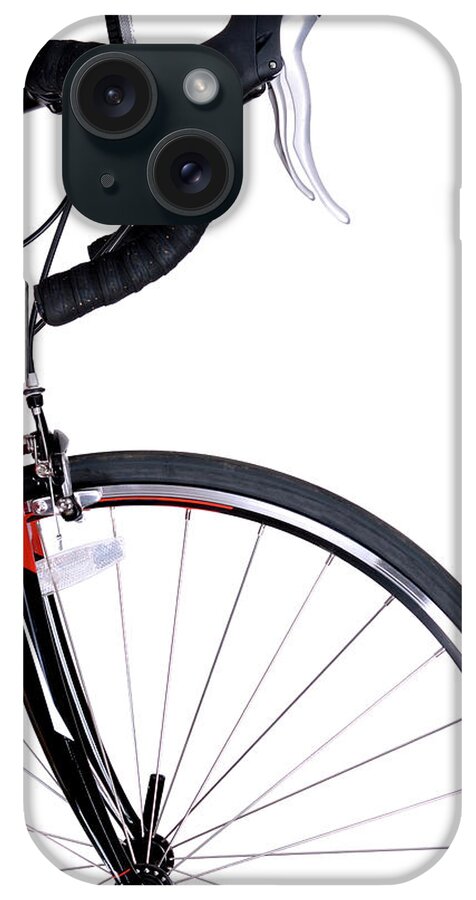 White Background iPhone Case featuring the photograph Front Of Red And Black Bike And Front by Kledge