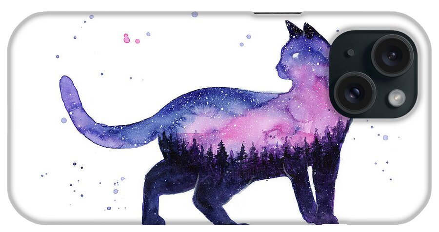 Nebula iPhone Case featuring the painting Galaxy Forest Cat by Olga Shvartsur