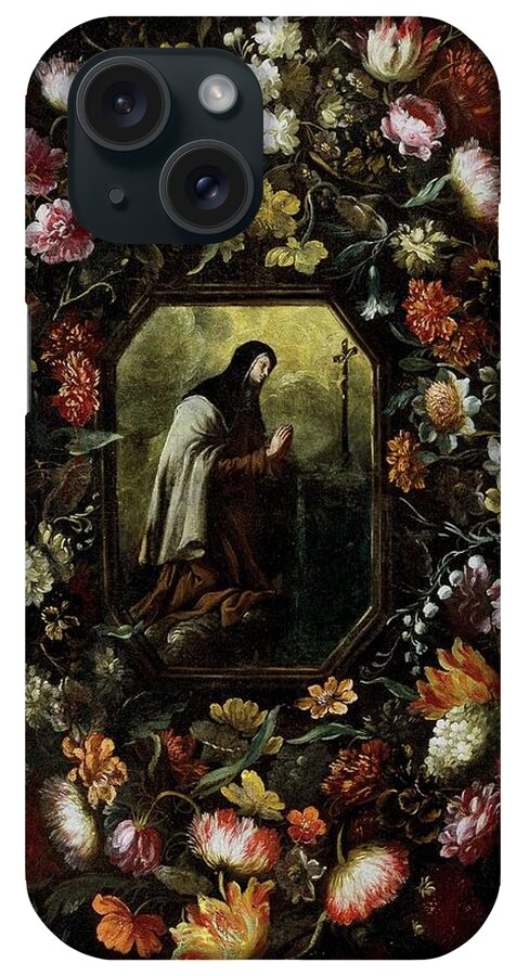 Garland Of Flowers With Saint Teresa Of Jesus iPhone Case featuring the painting 'Garland of Flowers with Saint Teresa of Jesus', Second half 17th century, Span... by Bartolome Perez -1634-1693-