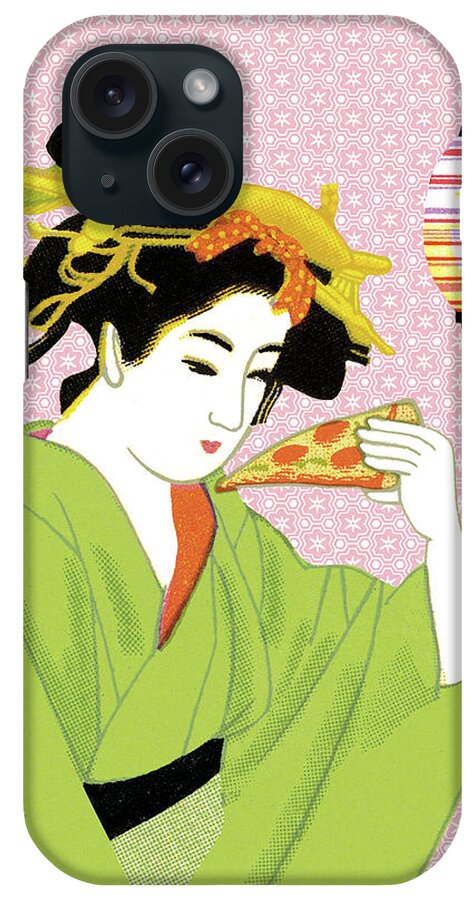 Adult iPhone Case featuring the drawing Geisha Eating Pizza by CSA Images