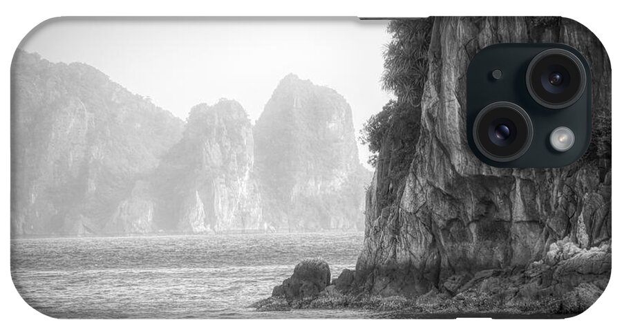 Vietnam iPhone Case featuring the photograph Gigantic Limestone Black White Ha Long Bay Vietnam by Chuck Kuhn