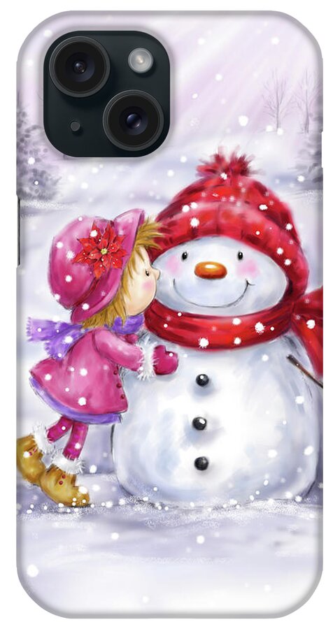 Girl Kissing Snowman iPhone Case featuring the mixed media Girl Kissing Snowman by Makiko