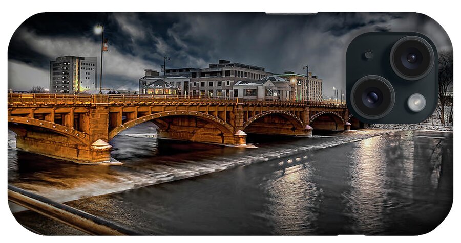 Evie iPhone Case featuring the photograph Golden Pearl Street Bridge Grand Rapids by Evie Carrier