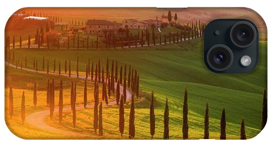 Tuscany; Villa; Green; Hills; Italy; Belvedere; Val D'orcia; Cypress; Trees; Beautiful; Countryside; Sunset; Rolling; Italia; Toscana; Rob Davies; Robert Davies; Landscape; Gold; Sun; Flare; Lens Flare; Panorama; Gladiator; Location; S Shape; Road; Classic iPhone Case featuring the photograph Golden Tuscany II by Rob Davies