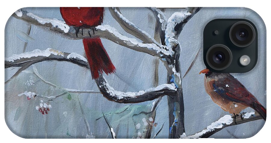 Cardinals iPhone Case featuring the painting Gone Away is the BlueBird - Walking in a Winter Wonderland by Jan Dappen