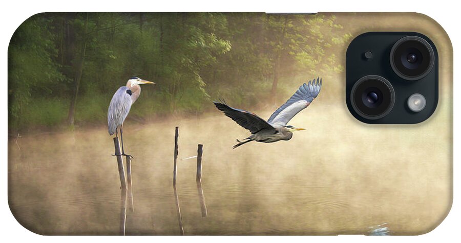 Great Blue Herons iPhone Case featuring the photograph Great Blue Herons at Morning Pond by Laura D Young