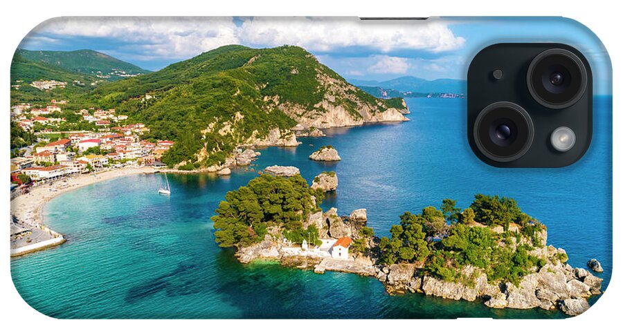 Estock iPhone Case featuring the digital art Greece, Epirus, Preveza, Mediterranean Sea, Parga, Aerial Of Panagia Chapel On Panagia Island By Parga In Spring Later Afternoon by Armand Ahmed Tamboly
