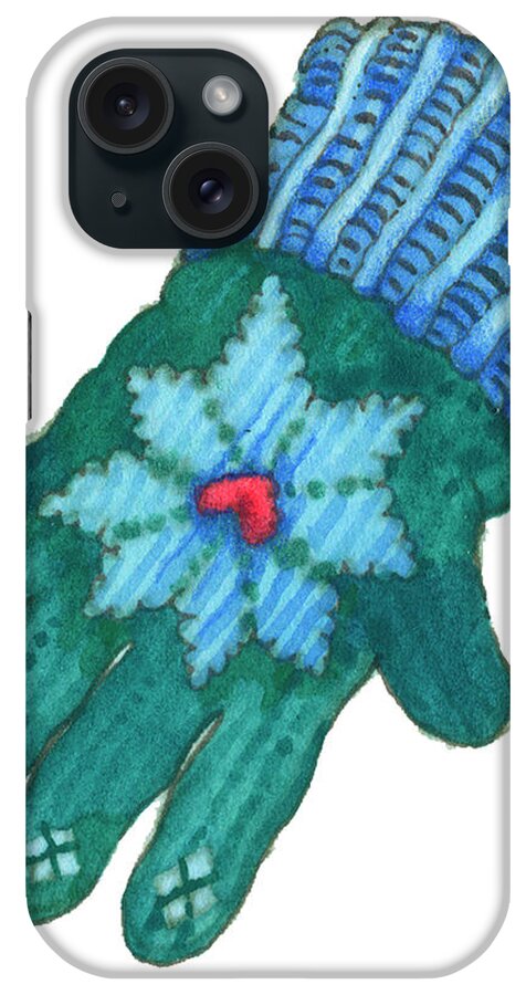 Green Mitten With Snowflake Design iPhone Case featuring the painting Green Mitten by Wendy Edelson