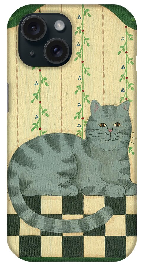 Gray Cat Sitting Black And White Checkers iPhone Case featuring the painting Grey Cat Sitting by Debbie Mcmaster
